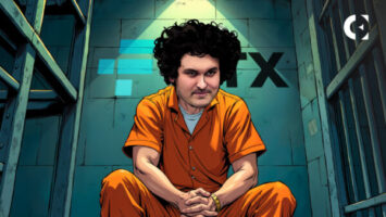 Sam Bankman-Fried leaving court, overlaid with Trump pardon probability chart from Polymarket.