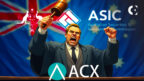 ASIC logo with gavel, pursuing civil penalty proceedings against Liang Guo of Blockchain Global's ACX Crypto Exchange for misconduct.
