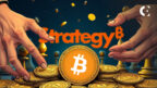 Strategy (MicroStrategy) logo with Bitcoin (BTC) pile, Michael Saylor portrait, illustrating large corporate BTC acquisition.