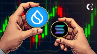 Sui and Solana logos with comparison charts showing Sui's rapid growth in daily active addresses and DeFi trading volume. 