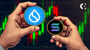 Sui and Solana logos with comparison charts showing Sui's rapid growth in daily active addresses and DeFi trading volume.