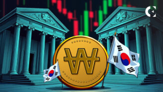 flag of South Korea behind a graphic of the Korean Won symbol, representing the new push for a domestic stablecoin