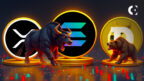A market analysis shows conflicting signals from major altcoins, with XRP and Solana showing bullish patterns while Dogecoin appears bearish.