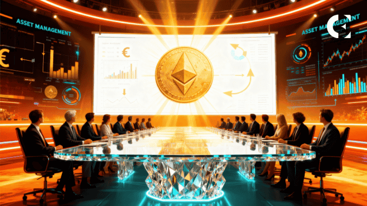 Amundi headquarters in Paris with overlay of Ethereum blockchain data representing the new tokenized Euro fund.