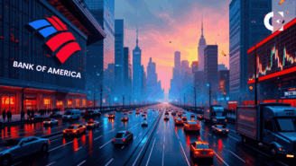Cartelería de Bank of America en Wall Street, simbolizando la decisión del banco de permitir que los asesores recomienden ETFs de Bitcoin.