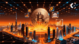 El CEO de Mashreq Capital, Philip Philippides, anunciando el fondo BITMAC, con un gráfico que muestra la asignación del 5% de Bitcoin y del 5% de oro.