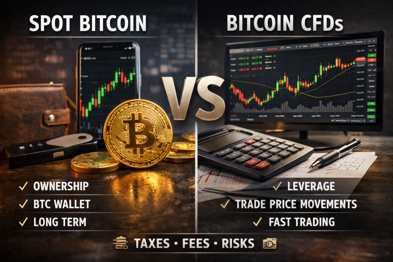 Spot Bitcoin vs Bitcoin CFDs: Key Differences (Ownership, Taxes, Fees)